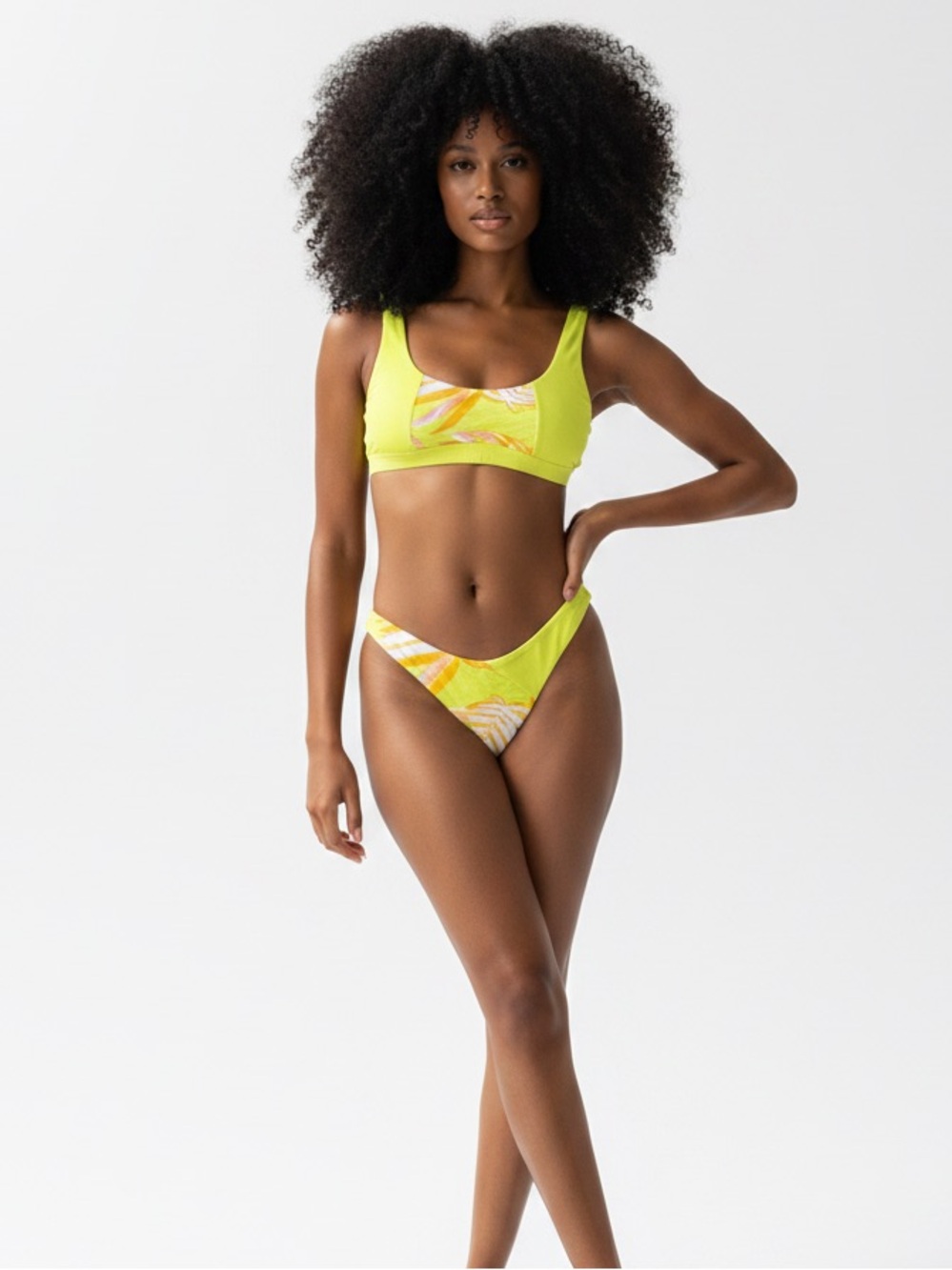 Everyday Sunday Neon Yellow Scoop Bikini Top with Printed High-Cut Bottom